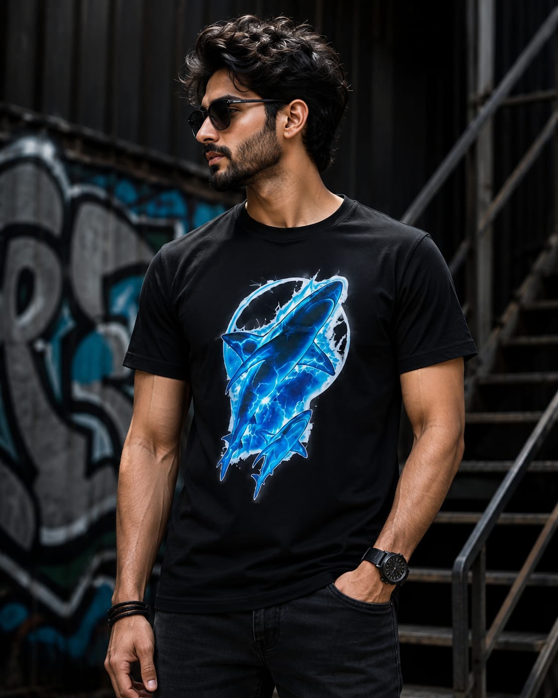 Premium Blue Shark Graphic Printed Unisex T-Shirt | 180 GSM 100% Pure Cotton | Black | Ong Bong Chong - Graphic T-Shirt by Ong Bong Chong